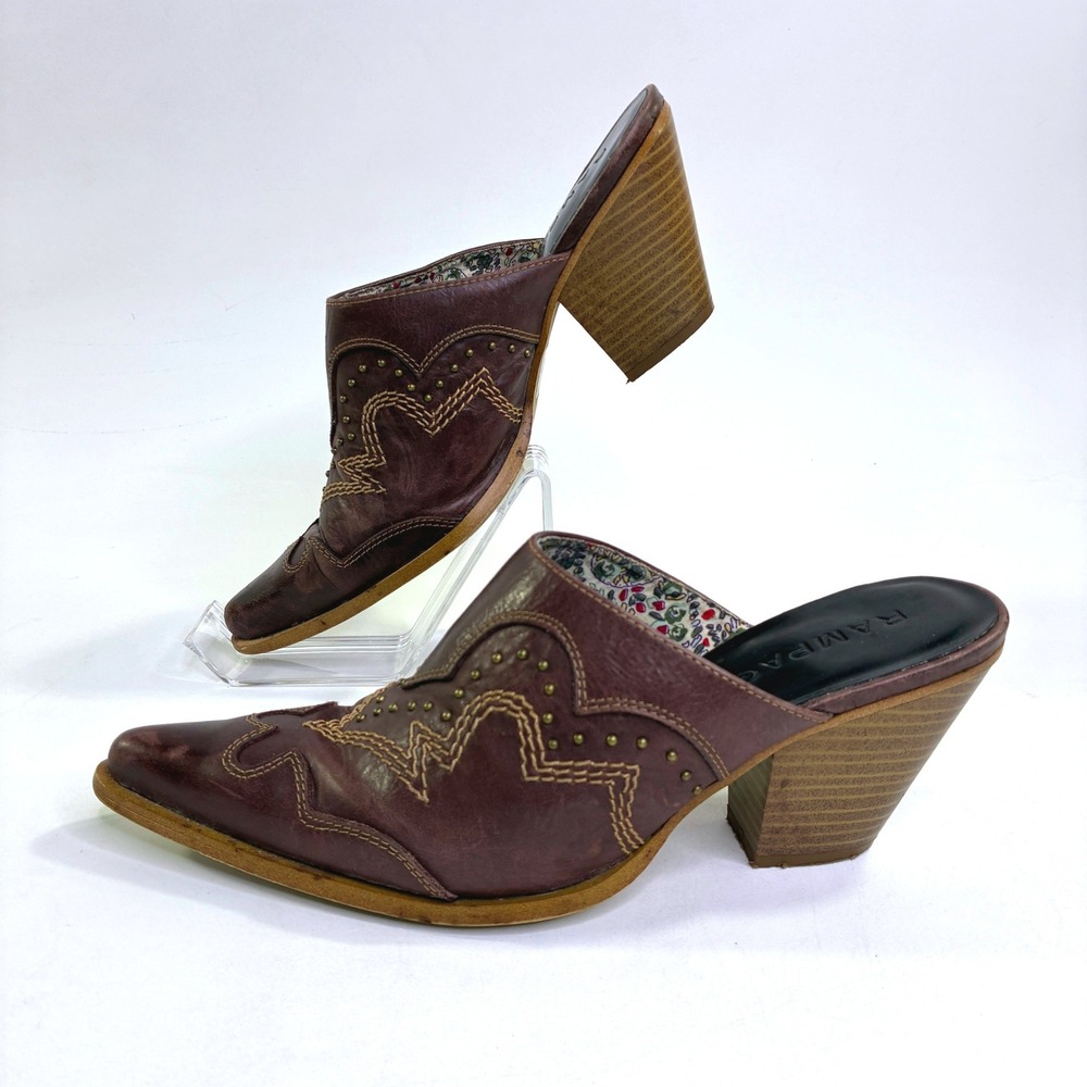 Rampage Rustee Brown Leather Western Mules Studded Pointed Toe Block Heel 9M